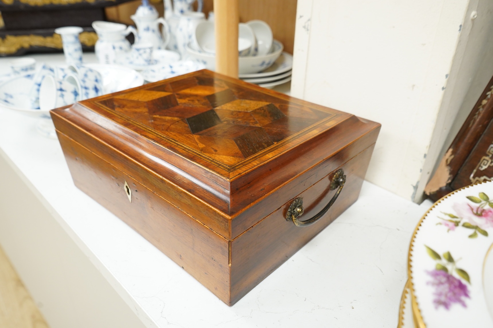 A Regency parquetry specimen wood rosewood work box, 30.5cm wide x 26cm deep